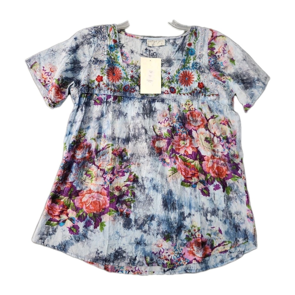 Vintage Goa Shirt Flowy Sz L Multicolor Floral Embroidered Boho Tunic Top NWT